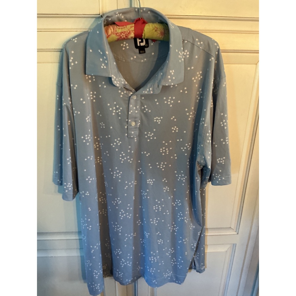 FootJoy Mens 2XL Blue White Bird Print Lisle Golf Polo Shirt Short Sleeve 28544